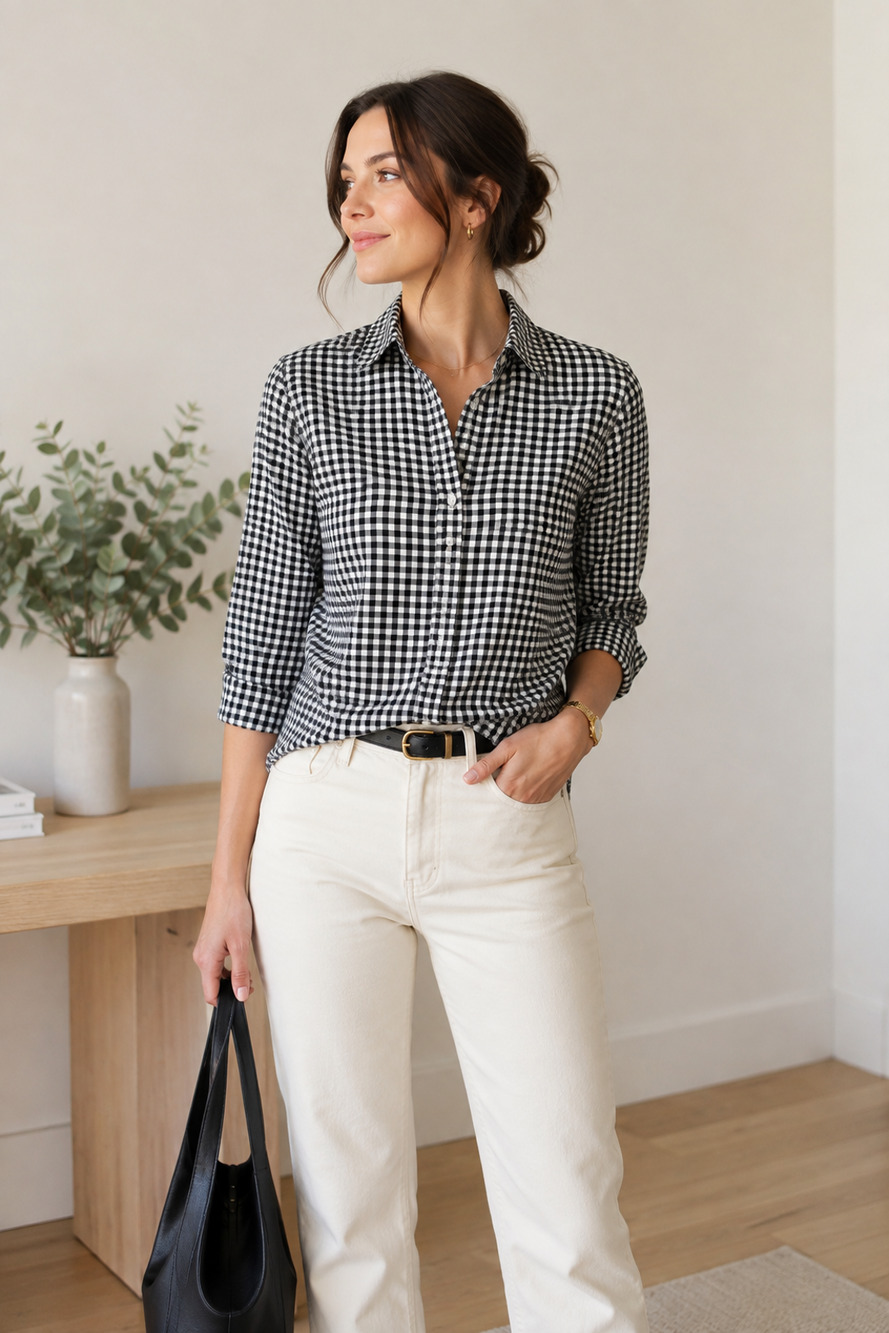 Talbots Shirt Black Gingham Check Button Up Long Sleeve Cotton Shirt Size Small
